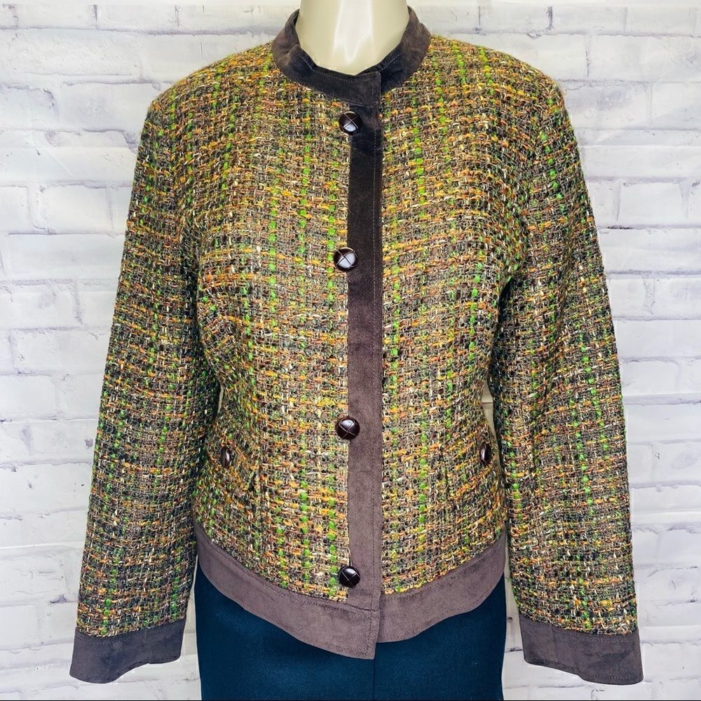 Talbots  Women Tweed Band Collar Corduroy Trim Button Crew jacket